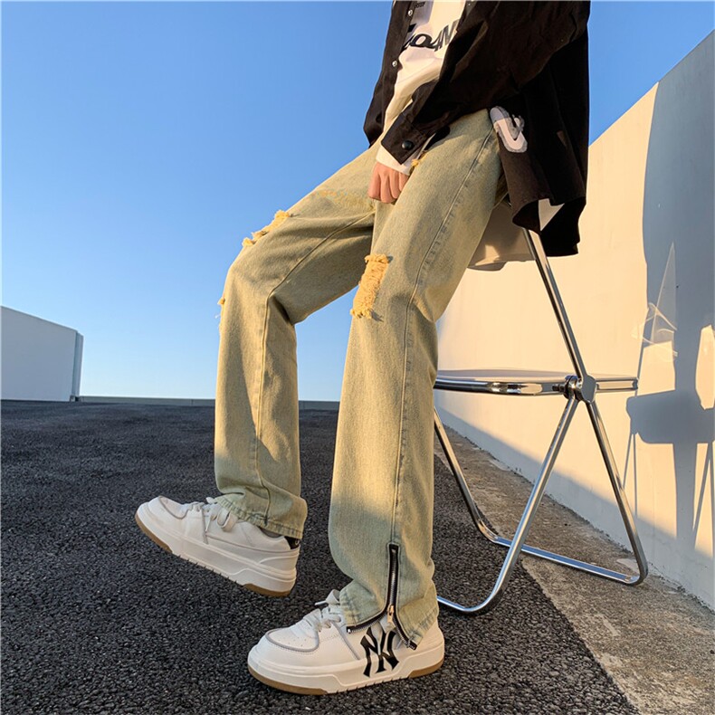 美式拉链开叉男高街水洗做旧修身破洞拖地牛仔裤KN85-P60图片