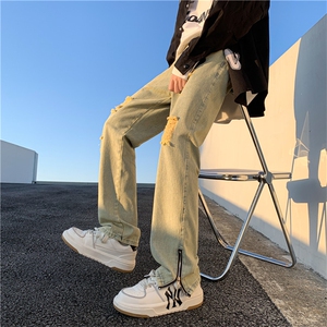 美式拉链开叉男高街水洗做旧修身破洞拖地牛仔裤KN85-P60图片