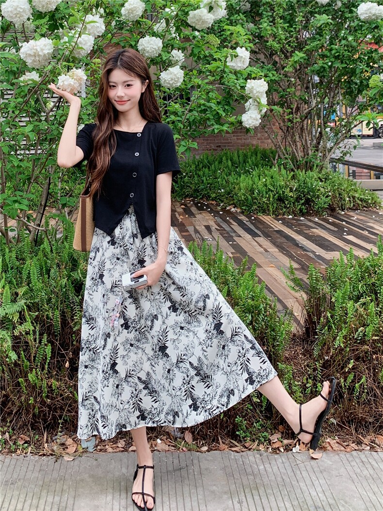 气质水墨印花套装女夏装不规则方领T恤短袖半身裙子两件套潮,女装套装/套裙,艾米莉亚