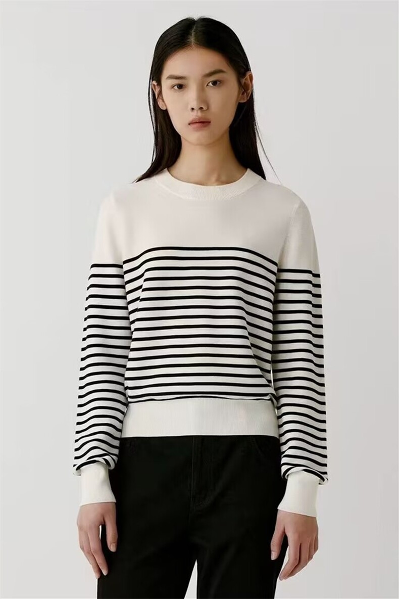 2025羊毛圆领黑白条纹舒适百搭简约秋冬新款保暖软糯，女装羊毛衫，莺澜羊绒