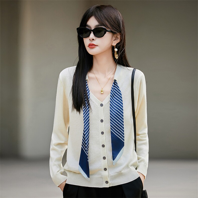 甜美减龄针织开衫女2025早秋新款设计感小众丝巾显瘦毛衣外套上衣，女装针织衫/毛衣，菲奥羊绒