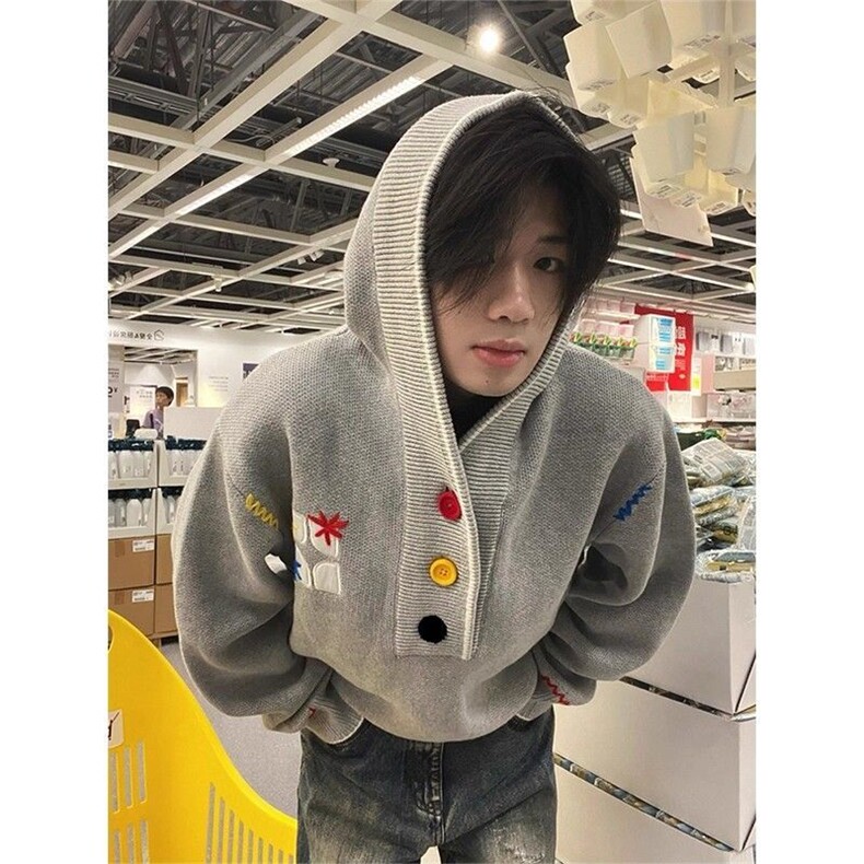 美式复古刺绣连帽毛衣男女款多巴胺彩色宽松针织衫慵懒风卫衣外套，男装针织衫/毛衣，四季星座505