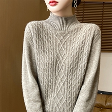 25秋冬季半高领绞花加厚100%纯羊毛衫女宽松慵懒风羊绒衫打底上衣，女装羊毛衫，邓利维