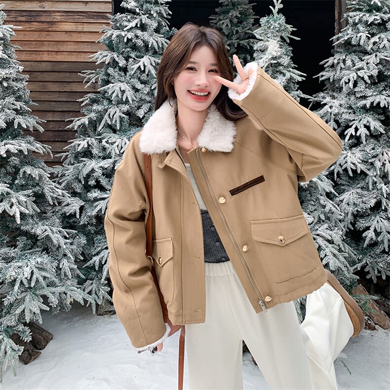 卡其色羊羔毛羽绒服女短款冬季新款韩系减龄加厚小个子白鸭绒外套,女装羽绒服,2C230