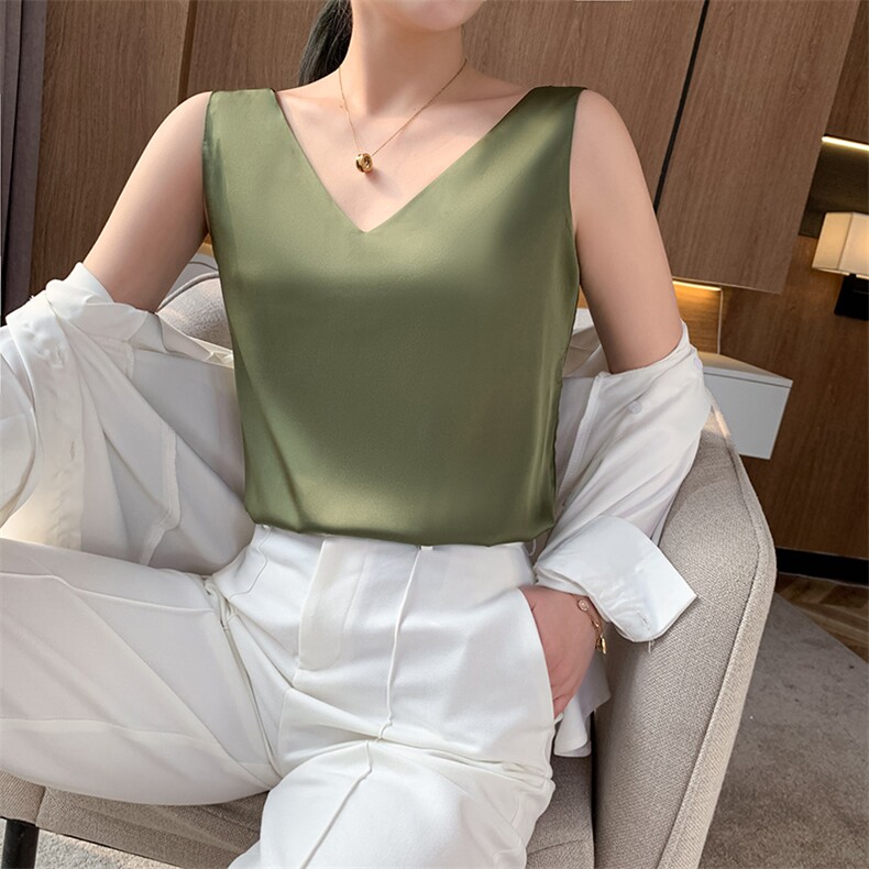 重磅真丝前后双V领女夏无袖西装吊带内搭宽松真丝纯色外穿上衣,女装背心吊带,朝贺羊绒