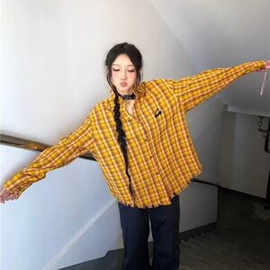 2025美式复古多巴胺黄色格子衬衫男女高街衬衣开衫长袖外套上衣图片