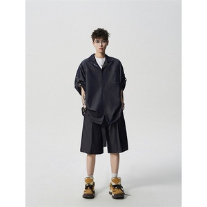 8XL-M 夏季简约高级感冰丝牛仔古巴领男休闲痞帅宽松套装潮TZ109图片