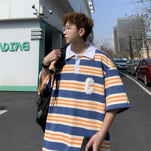 日系vintage复古polo衫条纹t恤男宽松半袖cityboy上衣WB482-P30图片