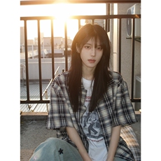 短袖衬衫男夏季新款情侣美式复古格子衬衣女潮，男装T恤，星座506A