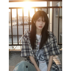 短袖衬衫男夏季新款情侣美式复古格子衬衣女潮图片