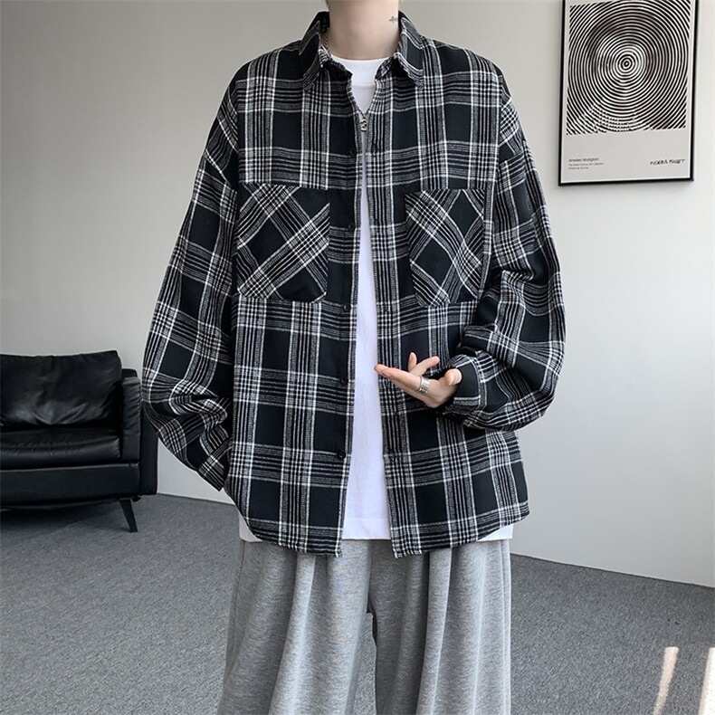 衬衫男秋季新款港风宽松大码磨毛格子长袖衬衣CS500-P35,男装衬衫,星座214-3