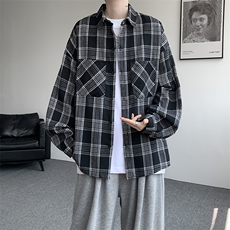 衬衫男秋季新款港风宽松大码磨毛格子长袖衬衣CS500-P35，男装衬衫，星座214-3