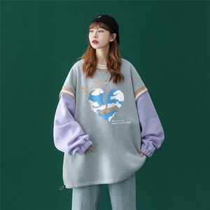 秋季潮流爱心印花中性宽松拼色螺纹假两件套头卫衣 B126 P55控68图片