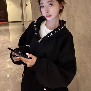 J609-P49 美式复古开衫拉链连帽卫衣女春秋2025新款慵懒风图片