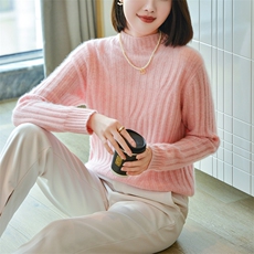 女士秋冬季简约百搭纯色抽条半高领羊毛衫，女装羊毛衫，宋氏羊绒