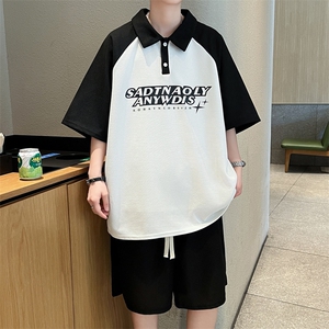 设计感潮牌撞色翻领短袖短裤夏季休闲运动两件套装 现货T1801-P50图片