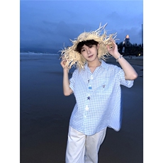 蓝色泡泡纱短袖衬衫男女夏季设计感纽扣格子衬衣休闲情侣外套，男装T恤，星座601-1