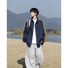 8XL-M三条杠运动卫衣特大码美式条纹立领夹克开衫外套JK5205/P65，男装夹克，电商B238