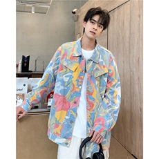 印花衬衫男春秋新款美式复古扎染夹克高街宽松潮牌情侣装时尚上衣，男装夹克，星座410-6（原星座1304-1）