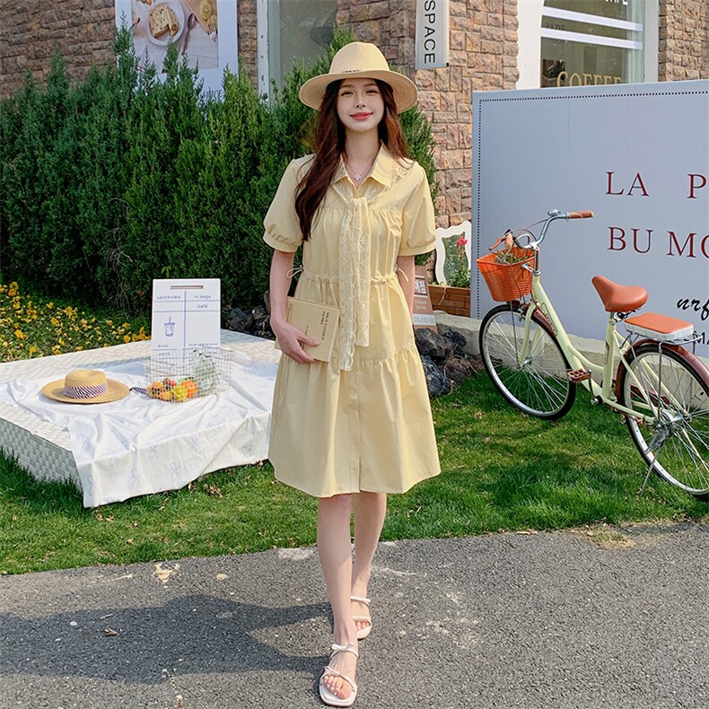 黄色蕾丝披肩法式连衣裙女2025夏季新款韩系收腰减龄小个子衬衫裙,女装连衣裙,浙宝220A