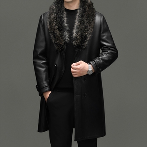 BG-FJ2320海宁男式山羊皮真皮皮衣男水貂内胆貉子毛领风衣皮克服图片