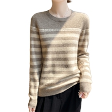 100%纯羊毛衫女圆领字母条纹拼色长袖针织毛衣秋冬宽松羊绒衫打底，女装羊毛衫，郡淞羊绒