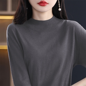 2025春季新款时尚中袖半高圆领针织T恤女宽松显瘦五分袖打底小衫图片
