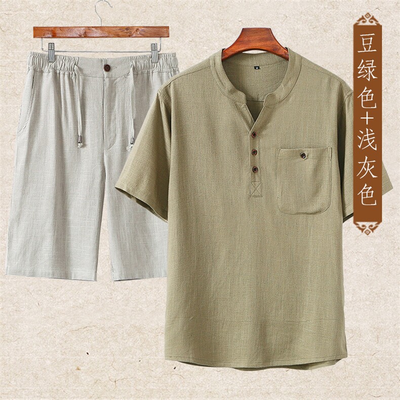 主推款高端夏季男士唐装中年棉麻套装中老年高品质亚麻短袖T恤，男装中老年男装，钱塘723