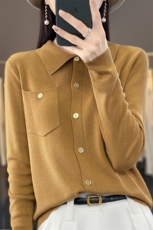 鄂尔多斯市翻领羊毛针织开衫外套女宽松薄款春秋新款毛衣外搭，女装针织衫/毛衣，大美人包芯纱店