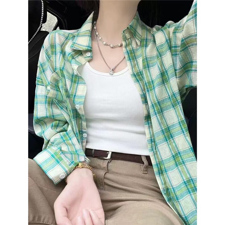 幂式穿搭显白绿色格纹衬衫女防晒小个子显瘦大版宽松格子外套春夏，男装防晒衣，星座506A