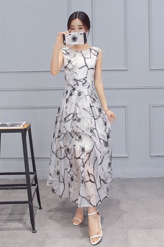 中长款2022年夏季短袖套头件高腰圆领通勤连衣裙欧根纱纯色气质，女装连衣裙，时尚俏佳人