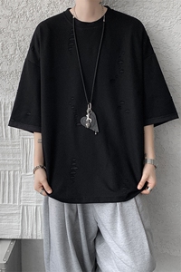T10137-特批33  控68 开口笑高品质夏季大码短袖破洞潮流百搭T恤图片