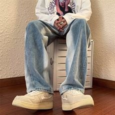 欧美复古裤子宽松阔腿裤设计感hiphop扎染牛仔裤男高街N8935-P48，男装牛仔裤，星座1008
