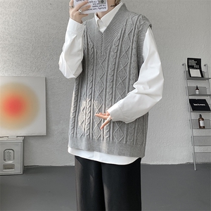 韩系叠穿复古麻花针织衫马甲男学院风早秋穿搭上衣服背心9097P58图片