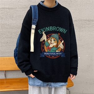 1港风日系宽松休闲情侣套头印花加厚毛衣男外套7689P48加绒P55