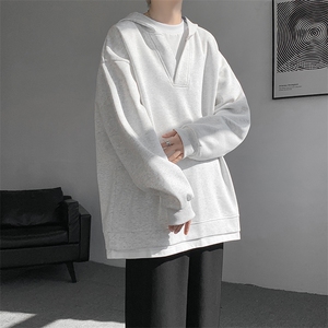 8XL-M叠穿假两件卫衣重磅连帽V领拼接套头衫宽松大码外套WY006P65图片