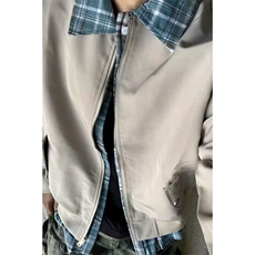 假两件格纹衬衫拼接工装夹克男款cleanfit美式翻领外套飞行员上衣，男装夹克，四季星座505