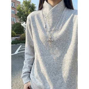 春季立领斜半拉链卫衣美式长袖打底衫男女 C64170-TP30不图片