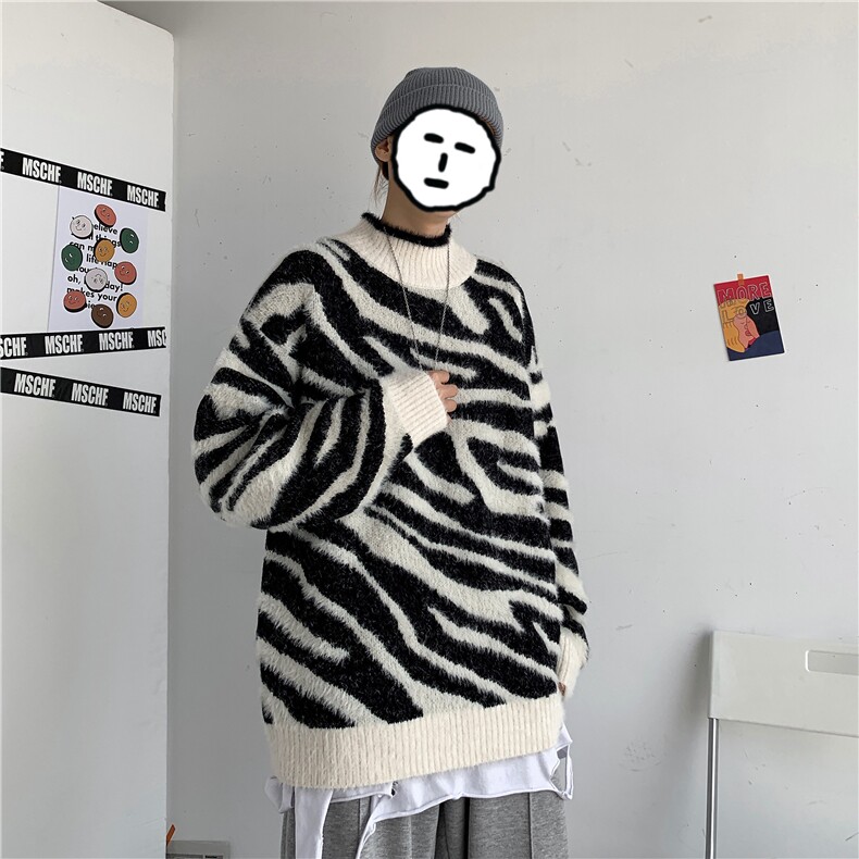秋冬新韩版宽松黑白斑马纹套头慵懒风毛衣男女ins针织衫T806-P75,男装针织衫/毛衣,星座1501