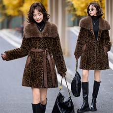 冬季气质女神美拉德豹纹进口金貂仿貂拼皮中长款高档仿皮草大衣潮，女装皮草，跑量工厂店