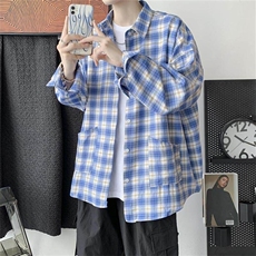 春夏港风格子衬衫宽松休闲外套潮牌学生长袖衬衣美式H211/P45，男装衬衫，电商A221A