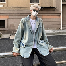 牛仔上衣春秋季新款复古独特设计感宽松西装领夹克8925P58，男装工装外套，星座410-2