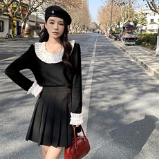 时尚百搭花边领长袖针织衫甜美可爱显瘦上衣秋季必备单品，女装针织衫/毛衣，鑫慧
