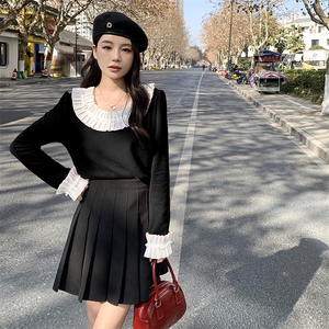时尚百搭花边领长袖针织衫 甜美可爱显瘦上衣 秋季必备单品图片