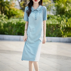 夏季新款简约娃娃领波点连衣裙女宽松百搭显瘦时尚休闲裙，女装连衣裙，臻维羊绒
