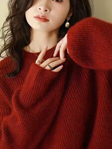 宽松圆领撞色慵懒风针织衫女秋冬百搭灰色毛衣图片