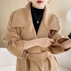 秋冬季羊毛时尚休闲大翻领无扣腰带中长款大衣，女装双面呢大衣，温贝尔羊绒大衣