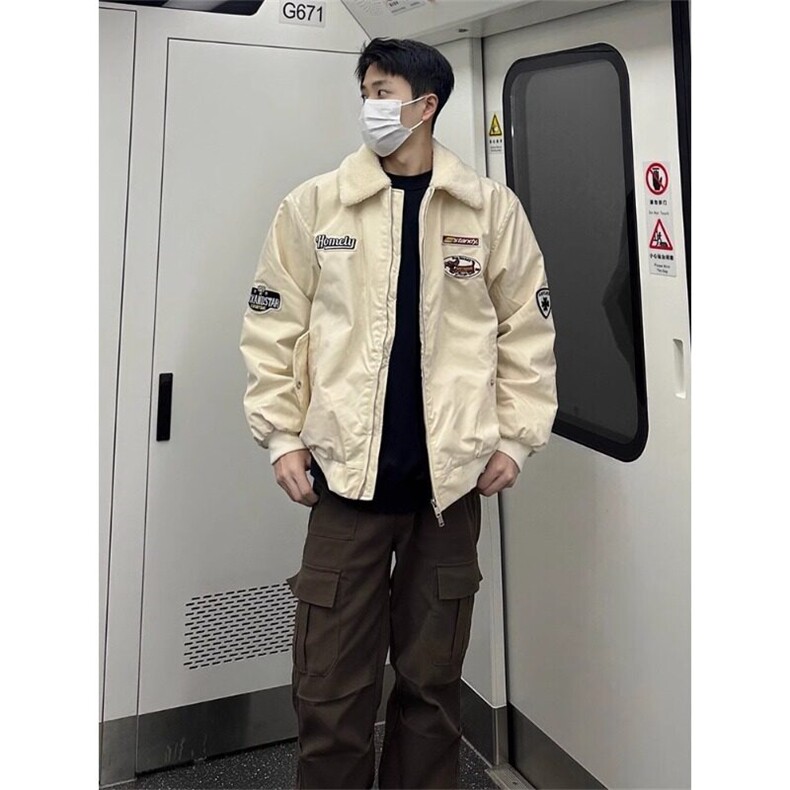 加绒加厚羊羔绒外套男款冬季美式摇粒绒棒球棉服翻领刺绣保暖棉衣,男装棉衣,星座908-1