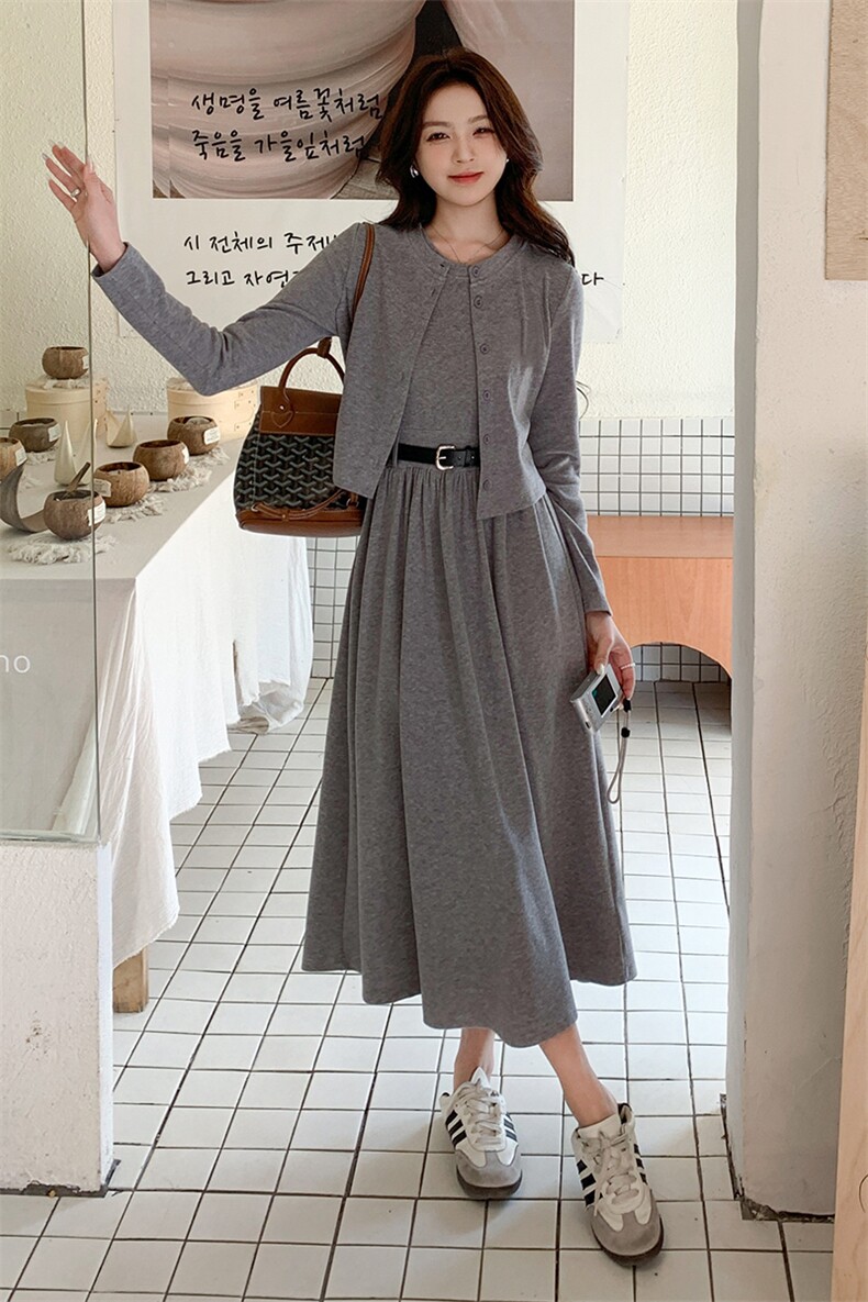 灰色针织开衫连衣裙套装女2025春季新款法式慵懒风背心长裙两件套,女装套装/套裙,2C261