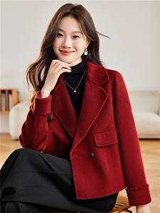 红色气质西装领毛呢外套女2025秋冬新款时尚百搭短款双面羊毛大衣图片